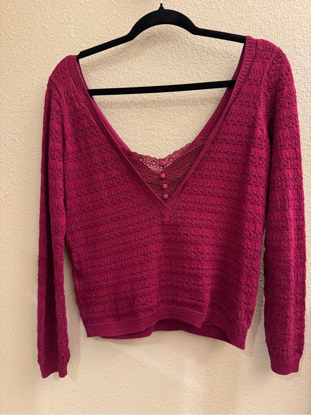 Sezane Raspberry Pink V-Neck Lace-Trim Knit Top